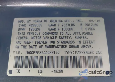2010 Honda Accord 2.4 Lx z USA, uszkodzony, nr VIN 1HGCP2F32AA088150